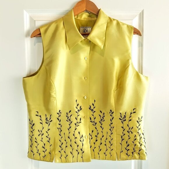 Ice Mustard Yellow Black Embroidered Silk Vest - Picture 1 of 5
